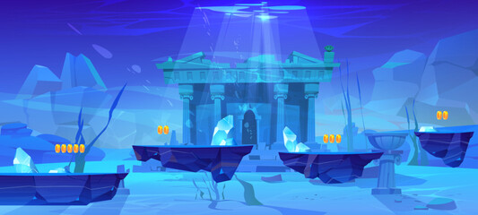 Poster - underwater landscape with antique temple and game platforms. vector cartoon illustration of sea or o
