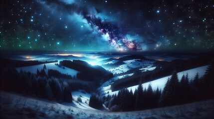 Wall Mural - A captivating winter night scene with a clear, star-filled sky above a snowy landscape. 