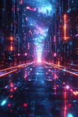 Poster - Abstract digital landscape with neon lines and plenty of room for text, perfect for futuristic and technological themes.