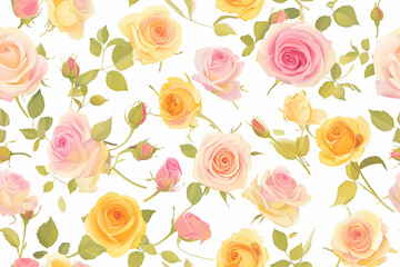 Wall Mural - Soft pink and yellow roses with green leaves on a white background, forming a gentle and charming seamless pattern.