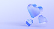 © marozhkastudio - Valentines day 3d background with glass morphism heart render icons. Love banner with flying translucent blue glossy ice crystal shapes, romantic transparent gradient light symbols. 3D illustration