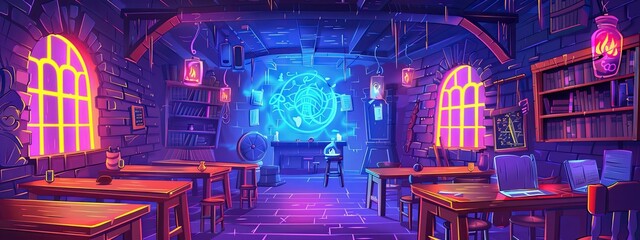 The interior of the classroom at the magic school for wizards. Cartoon illustration.