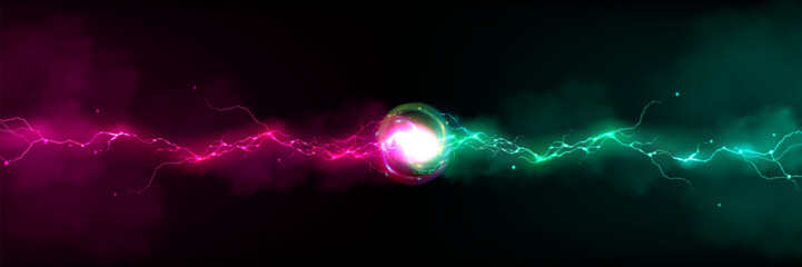 Poster - Red vs green lightning bolt resistance on black background. Vector realistic illustration of neon light energy confrontation concept, smoke clouds in air, power discharge versus magic force strike