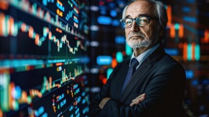 Stock symbols floating around Professional headshot of a banker.