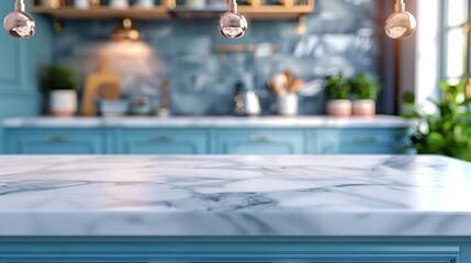 Wall Mural - Empty and clean marble dining table in scandinavian kitchen. Modern monochrome interior with blue drawers on wooden furniture. copy space for text.