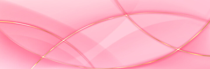 Poster - Pink background with abstract golden lines. Vector realistic illustration of luxury color backdrop for cosmetics, fashion presentation, business card, elegant gradient wallpaper with shiny pattern