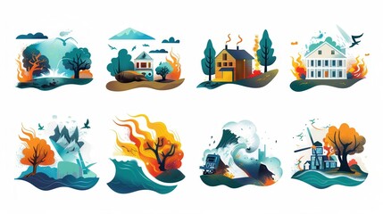 Poster - A collection of eight cartoon illustrations depicting natural disasters, including forest fires, hurricanes, snow blizzards, floods, and earthquakes. Generative AI