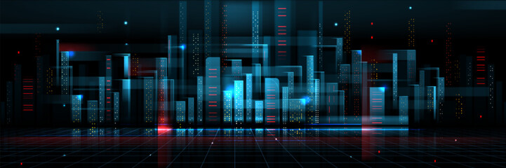 Poster - futuristic cityscape background on wireframe landscape. vector realistic illustration of modern urba