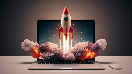 A modern illustration of startup concept with launching Space rocket From laptop screen