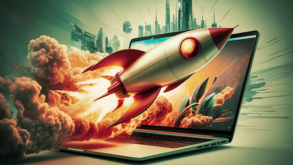 A modern illustration of startup concept with launching Space rocket From laptop screen