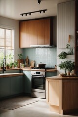 Modern Kitchen with Light Blue Tiles and Wooden Cabinets