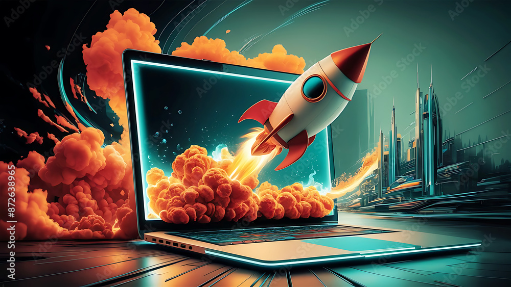 A modern illustration of startup concept with launching Space rocket ...