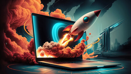 a modern illustration of startup concept with launching space rocket from laptop screen