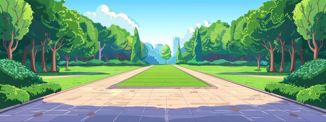 Wall Mural - Panorama of the spring or summer park with green trees, path. Cartoon illustration.