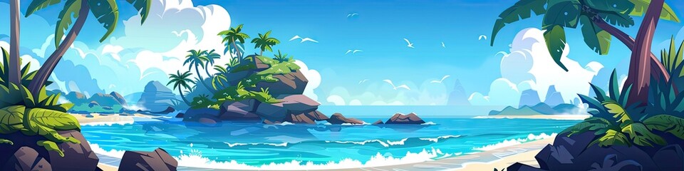 Wall Mural - Panoramic landscape of the coast of a tropical island paradise. Cartoon illustration.