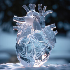 Poster - Human heart made of pure white ice with natural background. Generative AI.