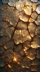 Poster - Close-up of cracked golden surface illuminated by light, creating an abstract texture with a warm and unique visual effect.