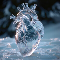 Poster - Human heart made of pure white ice with natural background. Generative AI.