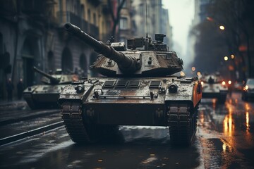 Wall Mural - Urban deployment  military tanks maneuvering through city streets for strategic operations