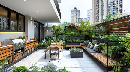 Poster - Style small terrace garden with wooden fence, seating area and outdoor kitchen, white tile floor, green plants in pots around space, white walls, high-rise building background. Generative AI.