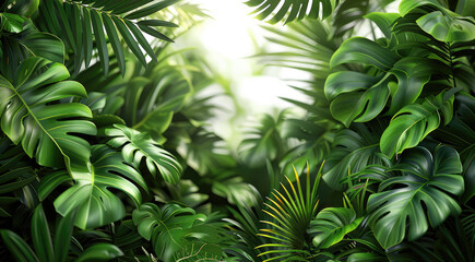  Lush green tropical plants with large leaves, arranged densely to create a vibrant, jungle-like backdrop transparent background. Generative AI.