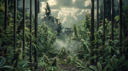 Aufkleber - Clean background of gate broken through, cannabis seen on one side of gate, detailed and lifelike, realistic lighting. Generative AI.