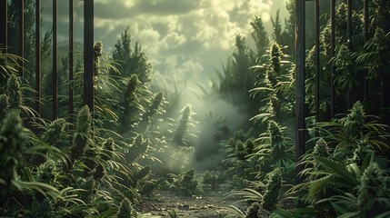 Aufkleber - Clean background of gate broken through, cannabis seen on one side of gate, detailed and lifelike, realistic lighting. Generative AI.