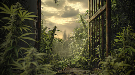 Aufkleber - Clean background of gate broken through, cannabis seen on one side of gate, detailed and lifelike, realistic lighting. Generative AI.