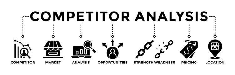 Competitor analysis banner web icon with glyph style icon of competitor, market, analysis, opportunities, strength weakness, pricing, and location
