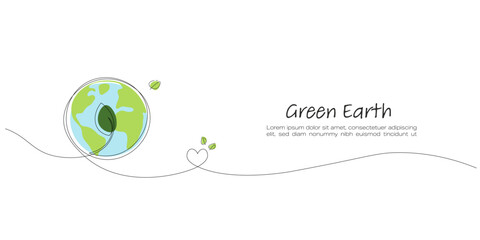 Aufkleber - Earth. Continuous line art drawing. Green leaf on the earth. Ecology and Environment concept.  Line art vector illustration.