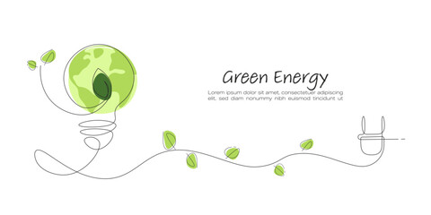 Wall Mural - Light Bulb. Continuous line art drawing. Green leaf in the lightbulb with the earth. Ecology and Environment concept.  Line art vector illustration.