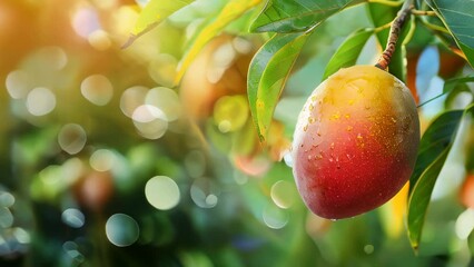 Poster - Ripe, dewy mango hanging from tree with green leaves in sunlight