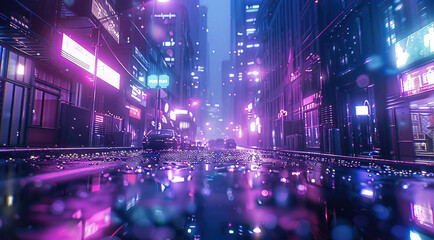 Wall Mural - Futuristic city street, purple and blue lights, futuristic architecture. Generative AI.