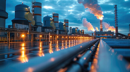 Aufkleber - Manufacturing facility for energy generation equipment and alternative energy components, Industrial of a refinery. Generative AI.