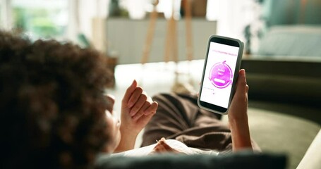 Poster - woman, hands and checking menstrual cycle with phone screen for update, time or hormonal phase at ho