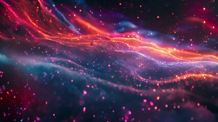 Poster - Abstract digital artwork with blue and red glowing waves and sparkling lights.