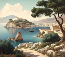 Wall Mural - Vintage Greece Landscape Watercolor Illustration Art