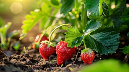 Wall Mural - Fresh strawberries growing on summer garden bed, surrounded by green leaves and soil