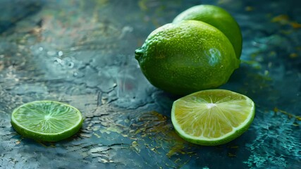 Wall Mural - Fresh limes, whole and sliced, on textured background