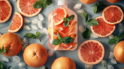 Poster - Top view of grapefruit juice in a transparent Pouch surrounded in the style of grapefruits sliced and mint leaves, fresh grapefruits scattered around. Generative AI.