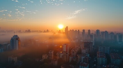 Poster - Morning of the city, drone shot, soothing view, relaxing view. Generative AI.