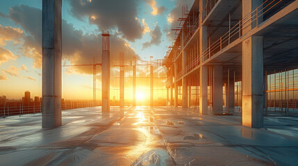 Poster - Modern concrete and steel building construction site in open space, flat space, sunset. Generative AI.