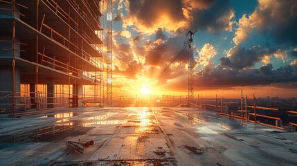 Poster - Modern concrete and steel building construction site in open space, flat space, sunset. Generative AI.