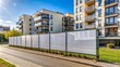 © Caitlin - Fenced construction hoarding with blank template in front of residential apartment flats offers outdoor advertising space for commercial properties.