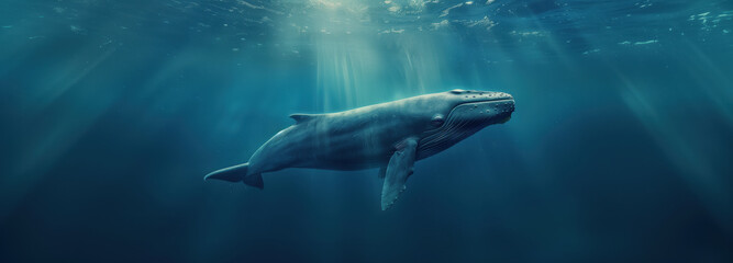 Wall Mural - A blue whale swims alone in the deep ocean