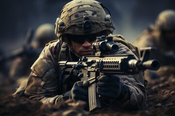 Military soldiers engaged in combat, shooting rifles in intense and action packed scene