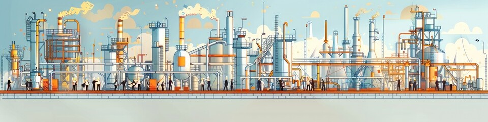 Aufkleber - Composition with a chemical plant and managers and operators. white line design on a light blue and beige background, modern and bright. Vector illustration style. Generative AI.