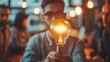 © visoot - Young entrepreneur pitching an innovative idea to venture capitalist, light bulb foreground. Generative AI.