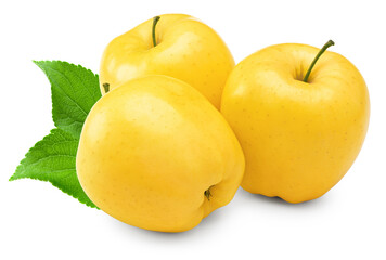 Wall Mural - three yellow apples with green leaves isolated on white background. clipping path