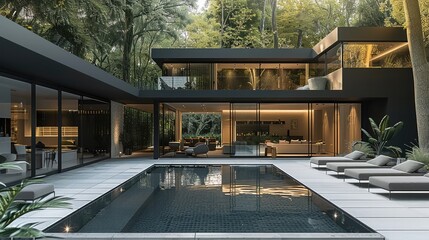 Minimalist black villa with pool, in the middle of nature with a courtyard, modern architecture, surrounded by trees white tiles on the ground, garden in front of it. Generative AI.